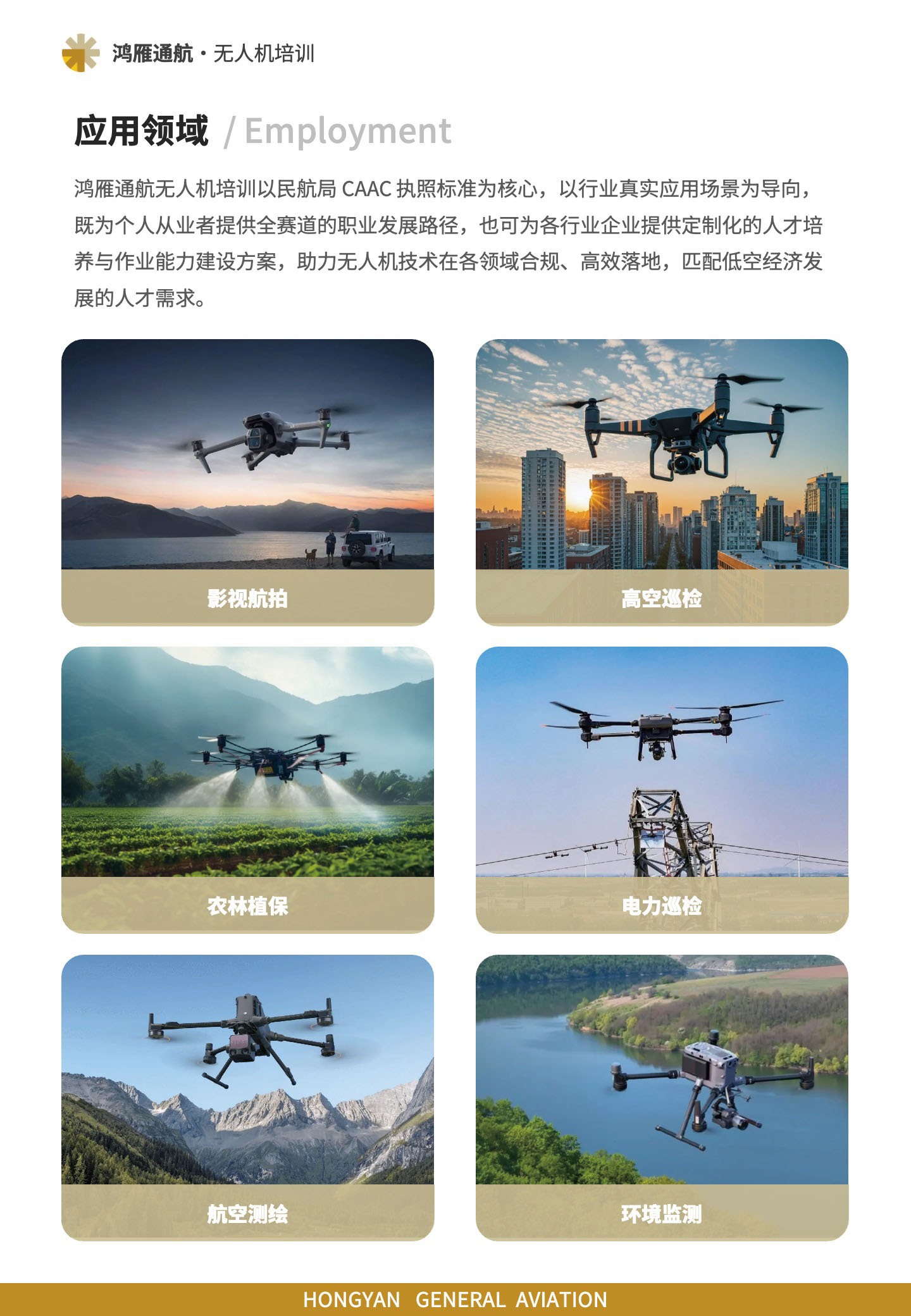 应用领域：鸿雁通航无人机培训以民航局 CAAC 执照标准为核心，以行业真实应用场景为导向，既为个人从业者提供全赛道的职业发展路径，也可为各行业企业提供定制化的人才培养与作业能力建设方案，助力无人机技术在各领域合规、高效落地，匹配低空经济发展的人才需求。