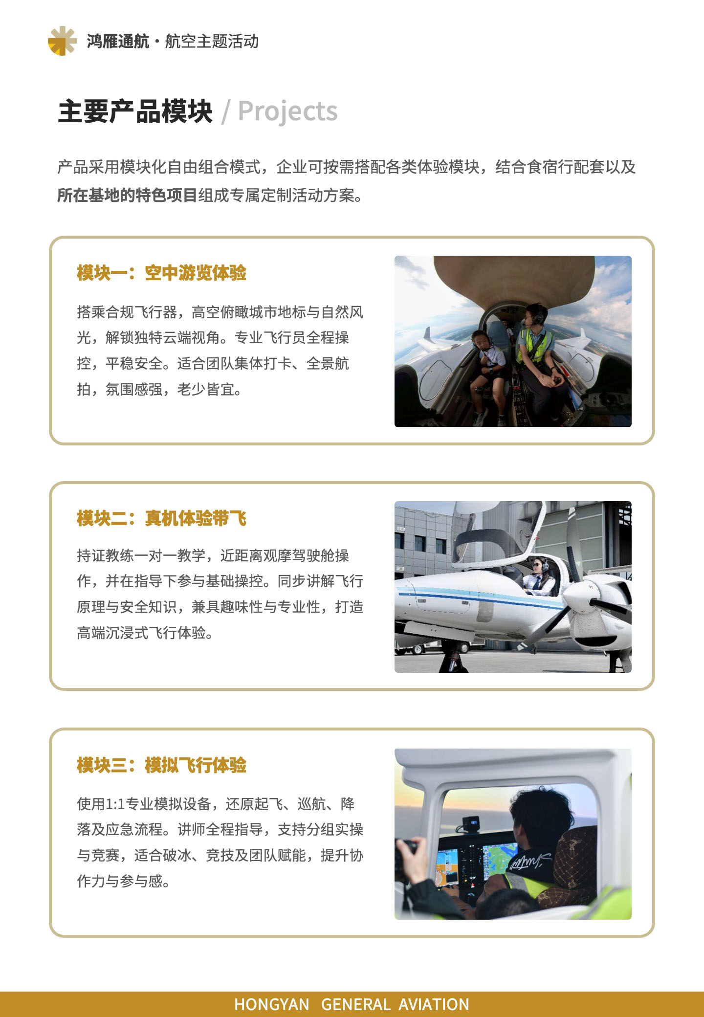 主要产品模块：空中游览体验、真机体验带飞、模拟飞行体验